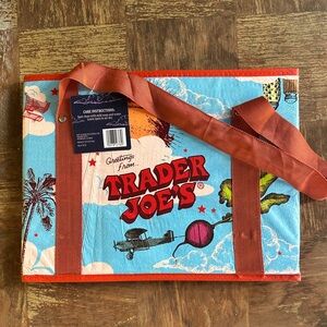 Trader Joe's Stand-up Collapsible Reusable Tote Bag with Red and Blue Design